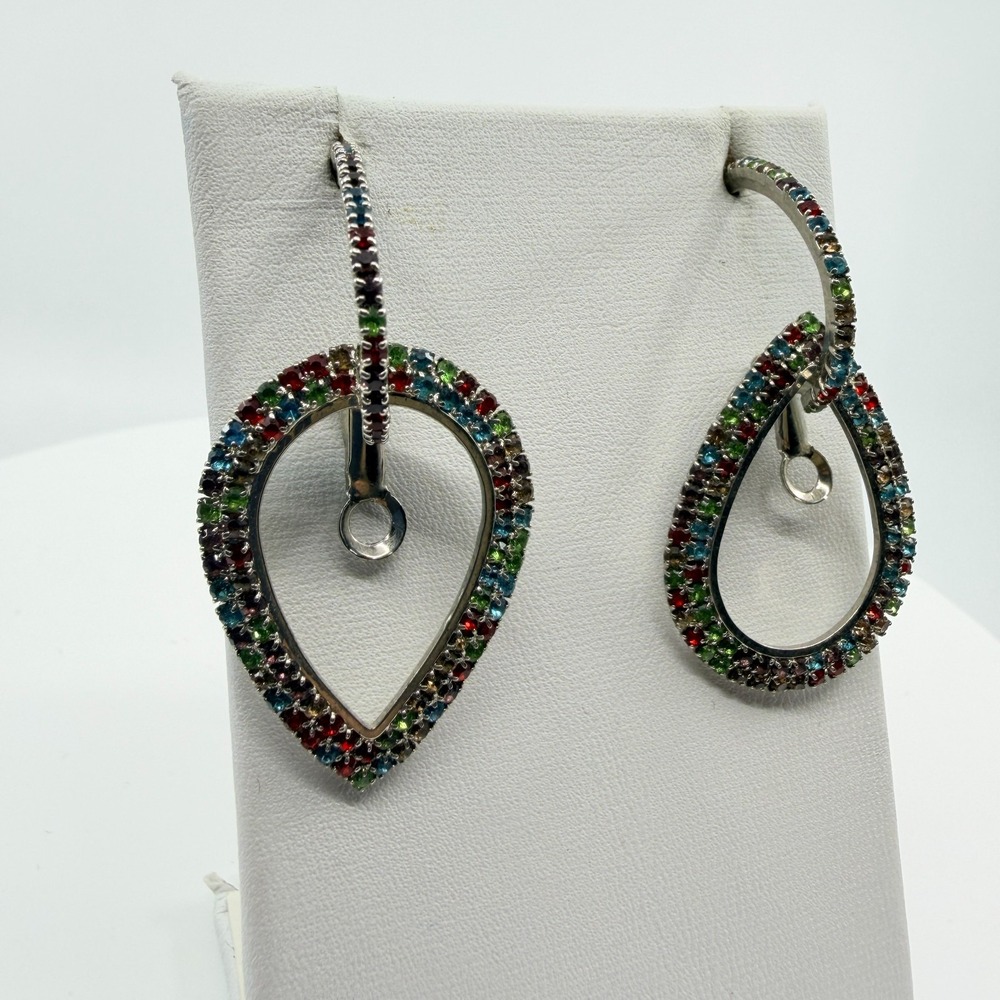 Y2K Multi-Color Rhinestone Teardrop Hoop Earrings Silver Tone Festive Boho